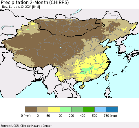 China, Mongolia and Taiwan Precipitation 2-Month (CHIRPS) Thematic Map For 11/11/2023 - 1/10/2024