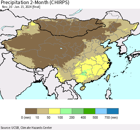 China, Mongolia and Taiwan Precipitation 2-Month (CHIRPS) Thematic Map For 11/16/2023 - 1/15/2024