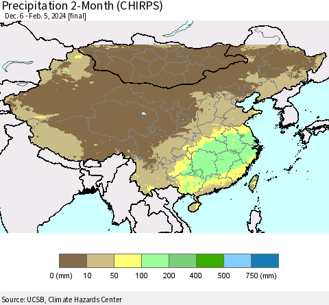 China, Mongolia and Taiwan Precipitation 2-Month (CHIRPS) Thematic Map For 12/6/2023 - 2/5/2024