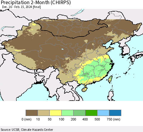 China, Mongolia and Taiwan Precipitation 2-Month (CHIRPS) Thematic Map For 12/16/2023 - 2/15/2024
