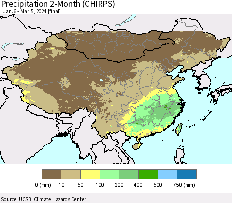 China, Mongolia and Taiwan Precipitation 2-Month (CHIRPS) Thematic Map For 1/6/2024 - 3/5/2024