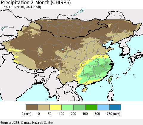 China, Mongolia and Taiwan Precipitation 2-Month (CHIRPS) Thematic Map For 1/11/2024 - 3/10/2024
