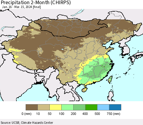 China, Mongolia and Taiwan Precipitation 2-Month (CHIRPS) Thematic Map For 1/16/2024 - 3/15/2024