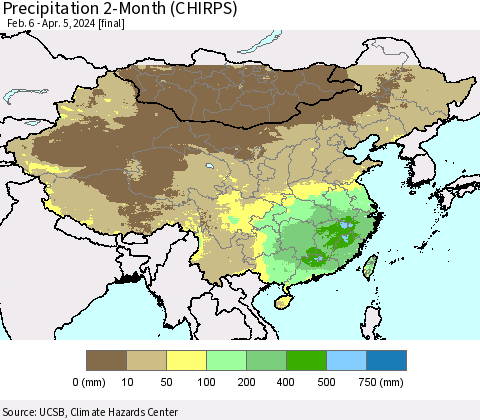 China, Mongolia and Taiwan Precipitation 2-Month (CHIRPS) Thematic Map For 2/6/2024 - 4/5/2024