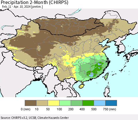 China, Mongolia and Taiwan Precipitation 2-Month (CHIRPS) Thematic Map For 2/11/2024 - 4/10/2024