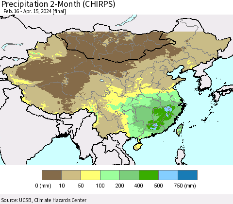 China, Mongolia and Taiwan Precipitation 2-Month (CHIRPS) Thematic Map For 2/16/2024 - 4/15/2024