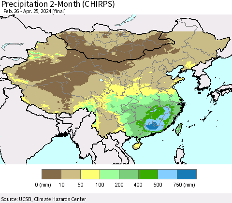 China, Mongolia and Taiwan Precipitation 2-Month (CHIRPS) Thematic Map For 2/26/2024 - 4/25/2024