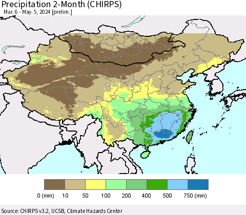 China, Mongolia and Taiwan Precipitation 2-Month (CHIRPS) Thematic Map For 3/6/2024 - 5/5/2024