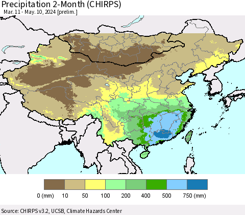 China, Mongolia and Taiwan Precipitation 2-Month (CHIRPS) Thematic Map For 3/11/2024 - 5/10/2024