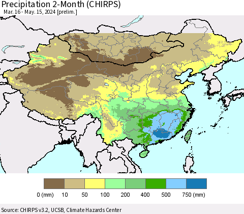 China, Mongolia and Taiwan Precipitation 2-Month (CHIRPS) Thematic Map For 3/16/2024 - 5/15/2024