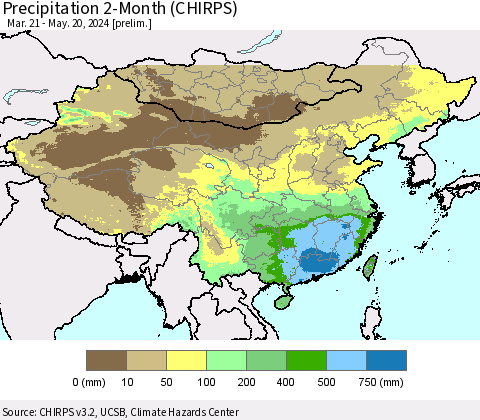China, Mongolia and Taiwan Precipitation 2-Month (CHIRPS) Thematic Map For 3/21/2024 - 5/20/2024