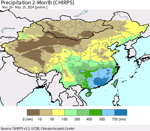 China, Mongolia and Taiwan Precipitation 2-Month (CHIRPS) Thematic Map For 3/26/2024 - 5/25/2024