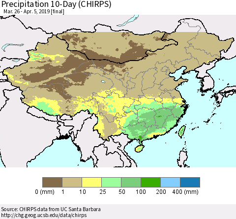 China and Taiwan Precipitation 10-Day (CHIRPS) Thematic Map For 3/26/2019 - 4/5/2019