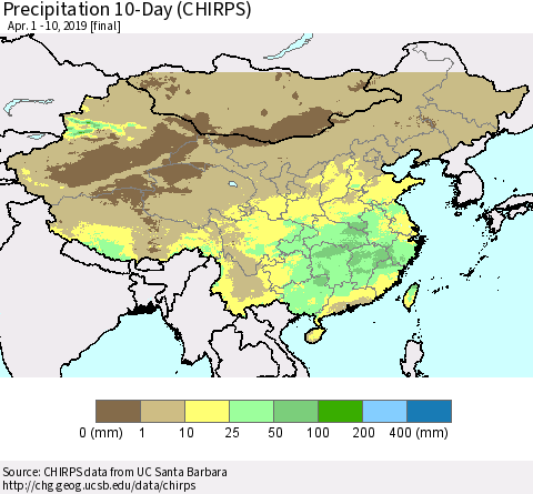 China and Taiwan Precipitation 10-Day (CHIRPS) Thematic Map For 4/1/2019 - 4/10/2019