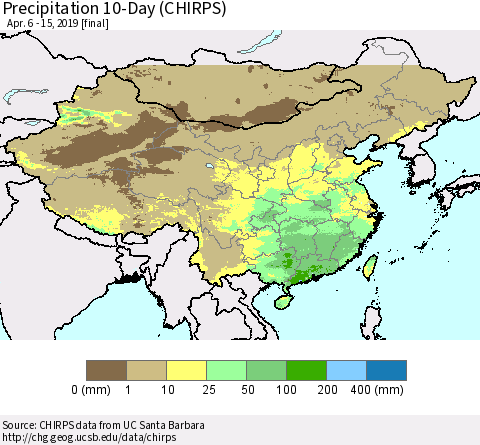 China, Mongolia and Taiwan Precipitation 10-Day (CHIRPS) Thematic Map For 4/6/2019 - 4/15/2019