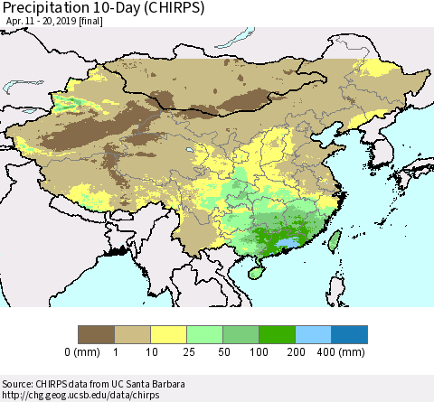 China and Taiwan Precipitation 10-Day (CHIRPS) Thematic Map For 4/11/2019 - 4/20/2019