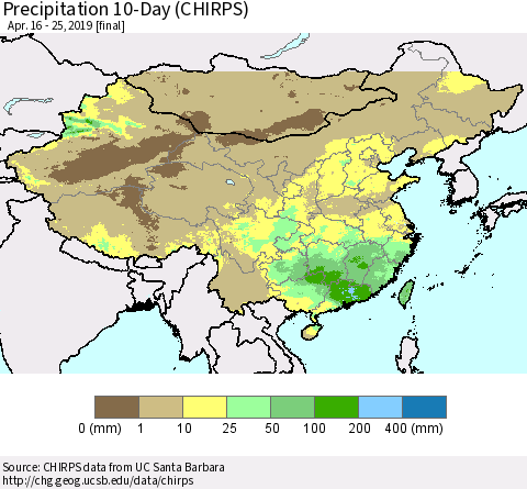China and Taiwan Precipitation 10-Day (CHIRPS) Thematic Map For 4/16/2019 - 4/25/2019