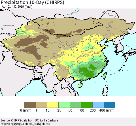 China and Taiwan Precipitation 10-Day (CHIRPS) Thematic Map For 4/21/2019 - 4/30/2019