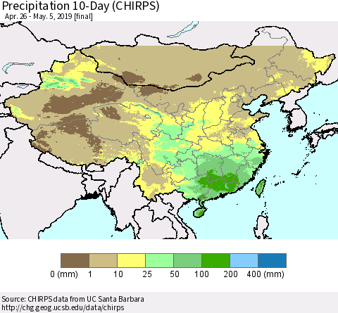 China and Taiwan Precipitation 10-Day (CHIRPS) Thematic Map For 4/26/2019 - 5/5/2019