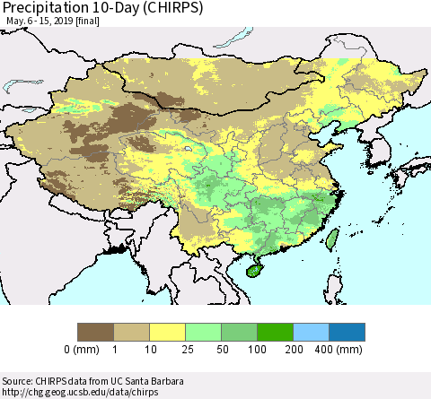 China and Taiwan Precipitation 10-Day (CHIRPS) Thematic Map For 5/6/2019 - 5/15/2019