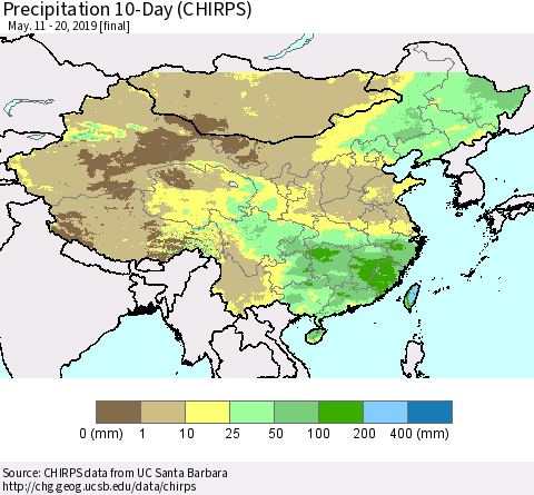 China and Taiwan Precipitation 10-Day (CHIRPS) Thematic Map For 5/11/2019 - 5/20/2019