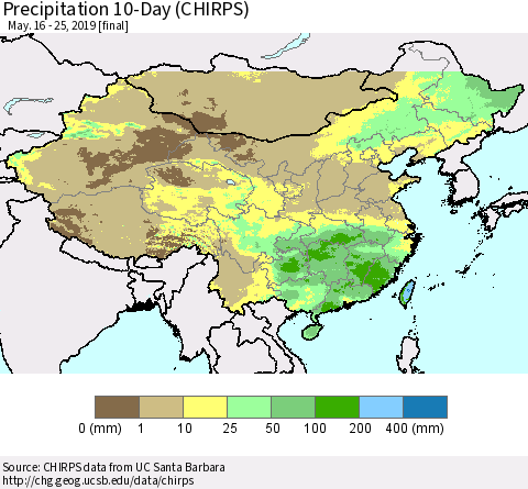 China and Taiwan Precipitation 10-Day (CHIRPS) Thematic Map For 5/16/2019 - 5/25/2019