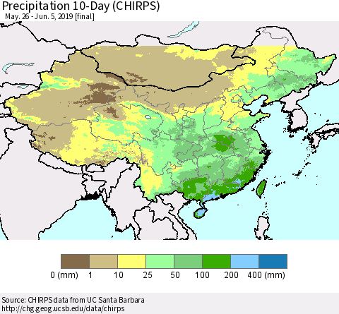 China and Taiwan Precipitation 10-Day (CHIRPS) Thematic Map For 5/26/2019 - 6/5/2019
