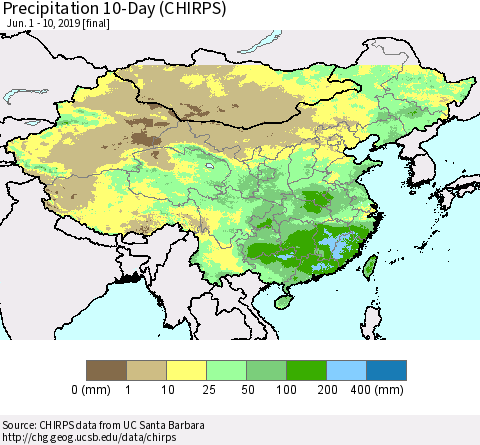 China, Mongolia and Taiwan Precipitation 10-Day (CHIRPS) Thematic Map For 6/1/2019 - 6/10/2019
