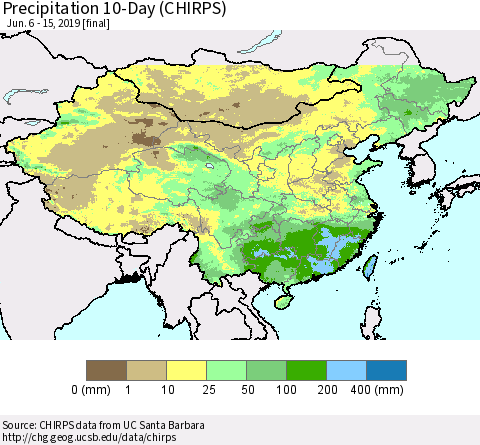 China and Taiwan Precipitation 10-Day (CHIRPS) Thematic Map For 6/6/2019 - 6/15/2019