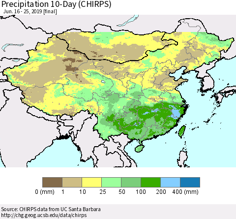China, Mongolia and Taiwan Precipitation 10-Day (CHIRPS) Thematic Map For 6/16/2019 - 6/25/2019