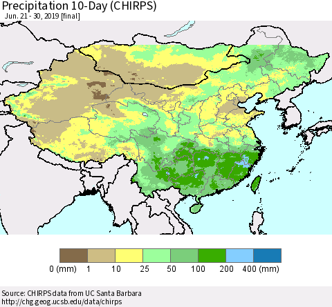 China and Taiwan Precipitation 10-Day (CHIRPS) Thematic Map For 6/21/2019 - 6/30/2019