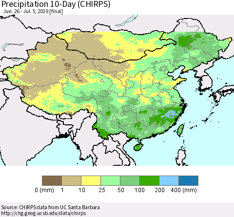 China and Taiwan Precipitation 10-Day (CHIRPS) Thematic Map For 6/26/2019 - 7/5/2019