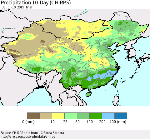 China and Taiwan Precipitation 10-Day (CHIRPS) Thematic Map For 7/1/2019 - 7/10/2019