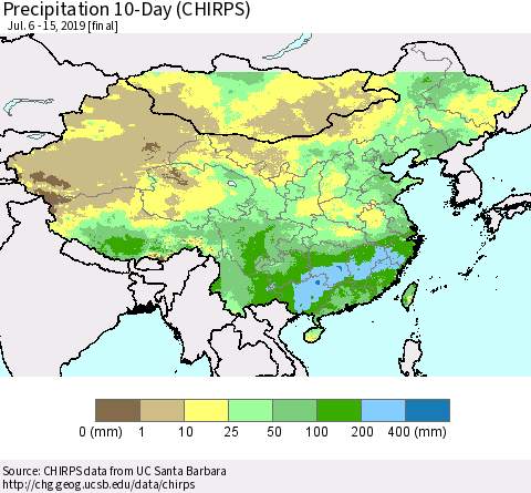 China and Taiwan Precipitation 10-Day (CHIRPS) Thematic Map For 7/6/2019 - 7/15/2019