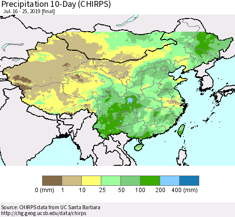 China and Taiwan Precipitation 10-Day (CHIRPS) Thematic Map For 7/16/2019 - 7/25/2019