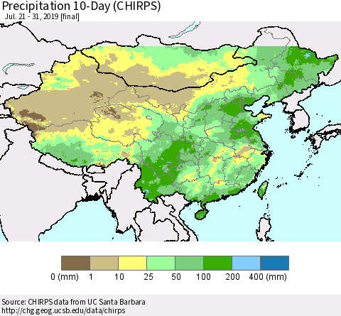 China and Taiwan Precipitation 10-Day (CHIRPS) Thematic Map For 7/21/2019 - 7/31/2019