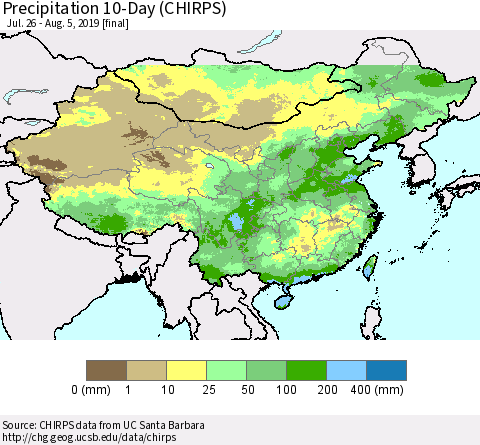China and Taiwan Precipitation 10-Day (CHIRPS) Thematic Map For 7/26/2019 - 8/5/2019