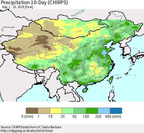 China and Taiwan Precipitation 10-Day (CHIRPS) Thematic Map For 8/1/2019 - 8/10/2019