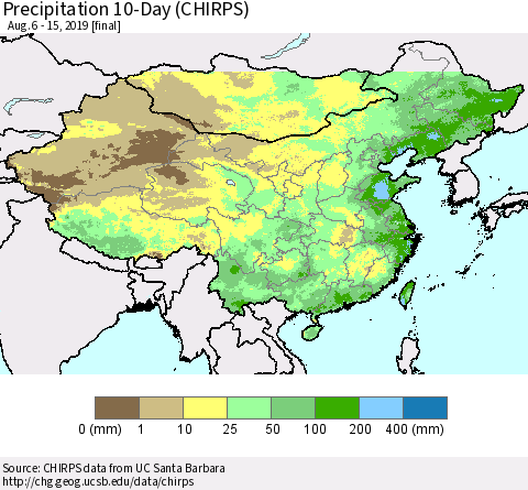 China and Taiwan Precipitation 10-Day (CHIRPS) Thematic Map For 8/6/2019 - 8/15/2019