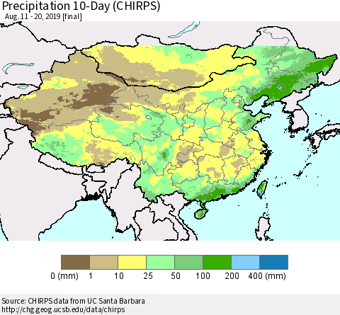 China, Mongolia and Taiwan Precipitation 10-Day (CHIRPS) Thematic Map For 8/11/2019 - 8/20/2019