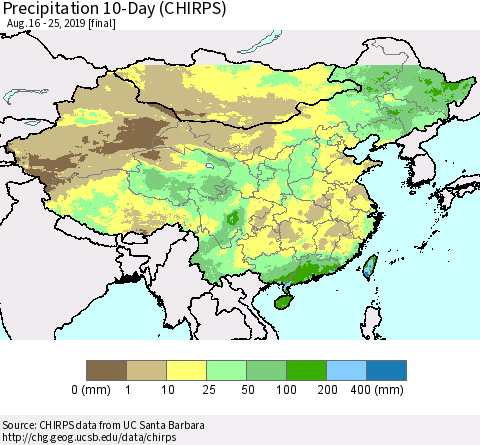 China, Mongolia and Taiwan Precipitation 10-Day (CHIRPS) Thematic Map For 8/16/2019 - 8/25/2019