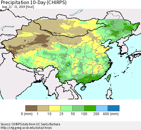 China and Taiwan Precipitation 10-Day (CHIRPS) Thematic Map For 8/21/2019 - 8/31/2019