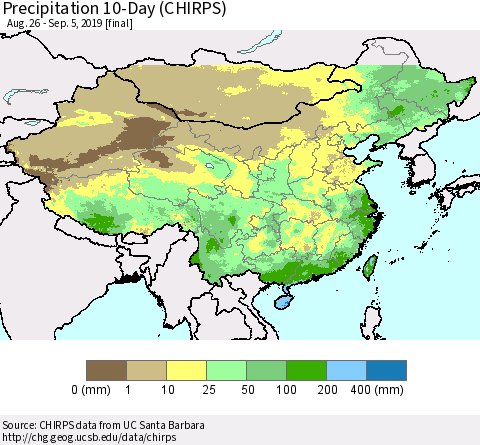 China and Taiwan Precipitation 10-Day (CHIRPS) Thematic Map For 8/26/2019 - 9/5/2019