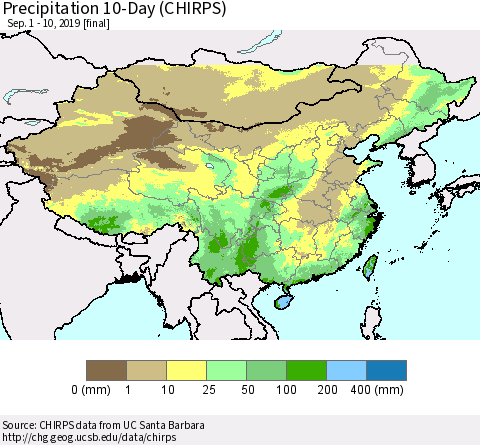 China and Taiwan Precipitation 10-Day (CHIRPS) Thematic Map For 9/1/2019 - 9/10/2019