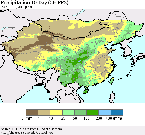 China and Taiwan Precipitation 10-Day (CHIRPS) Thematic Map For 9/6/2019 - 9/15/2019