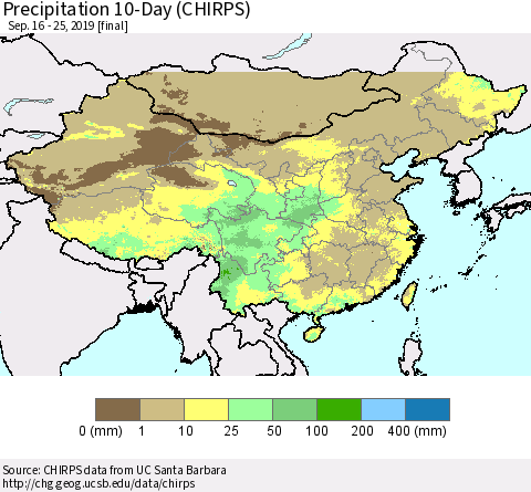 China, Mongolia and Taiwan Precipitation 10-Day (CHIRPS) Thematic Map For 9/16/2019 - 9/25/2019