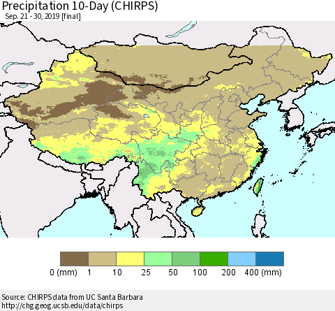 China and Taiwan Precipitation 10-Day (CHIRPS) Thematic Map For 9/21/2019 - 9/30/2019