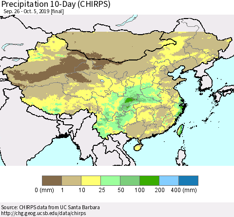 China and Taiwan Precipitation 10-Day (CHIRPS) Thematic Map For 9/26/2019 - 10/5/2019