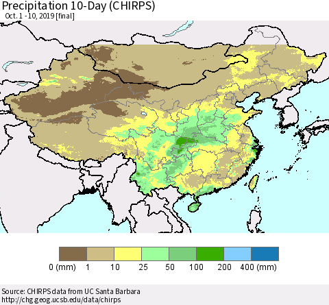 China and Taiwan Precipitation 10-Day (CHIRPS) Thematic Map For 10/1/2019 - 10/10/2019
