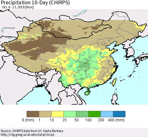 China and Taiwan Precipitation 10-Day (CHIRPS) Thematic Map For 10/6/2019 - 10/15/2019
